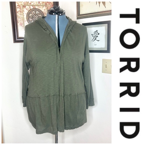 torrid Sweaters - Torrid Olive Green Hooded Ruffle Lightweight Cardi